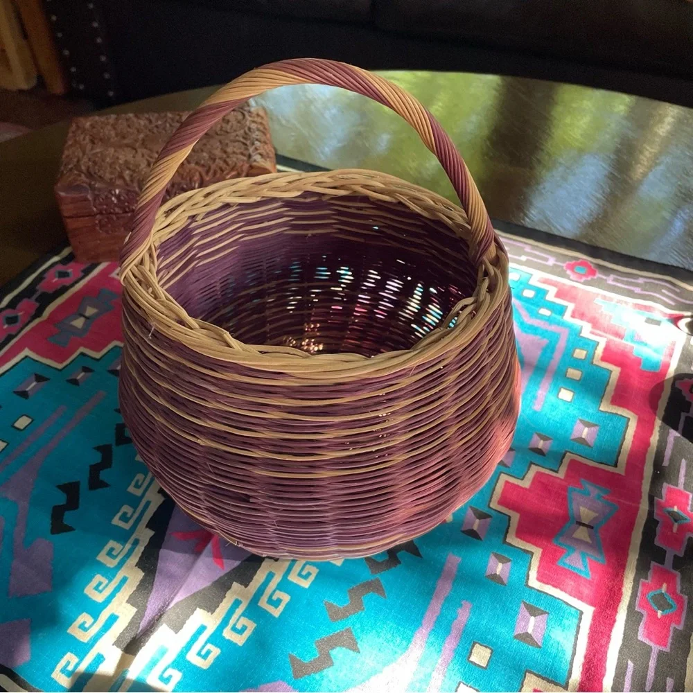 Vintage Hand Woven Round Reed Basket. Purple and Natural Color Striped. 9
